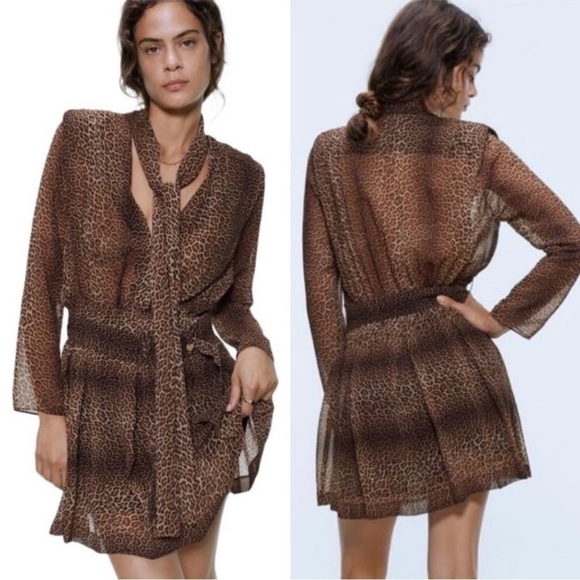 Zara Leopard Print Tie Neck Dress Brown Black - Picture 1 of 6